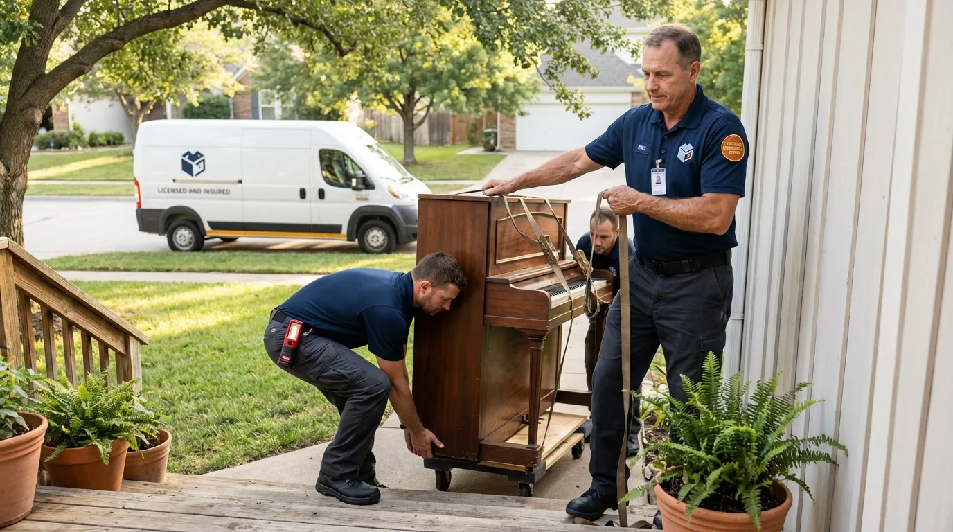 Licensed piano movers securing grand piano in Tarrytown, NY