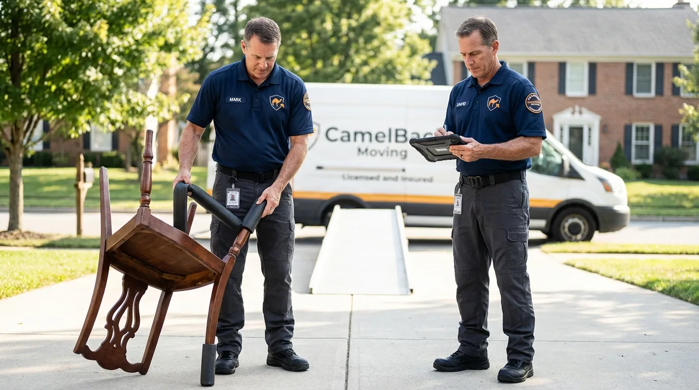 Movers inspecting furniture for damage prevention before loading in Tarrytown, NY