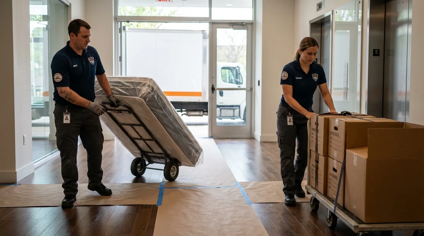 Professional apartment movers loading elevator in Tarrytown, NY
